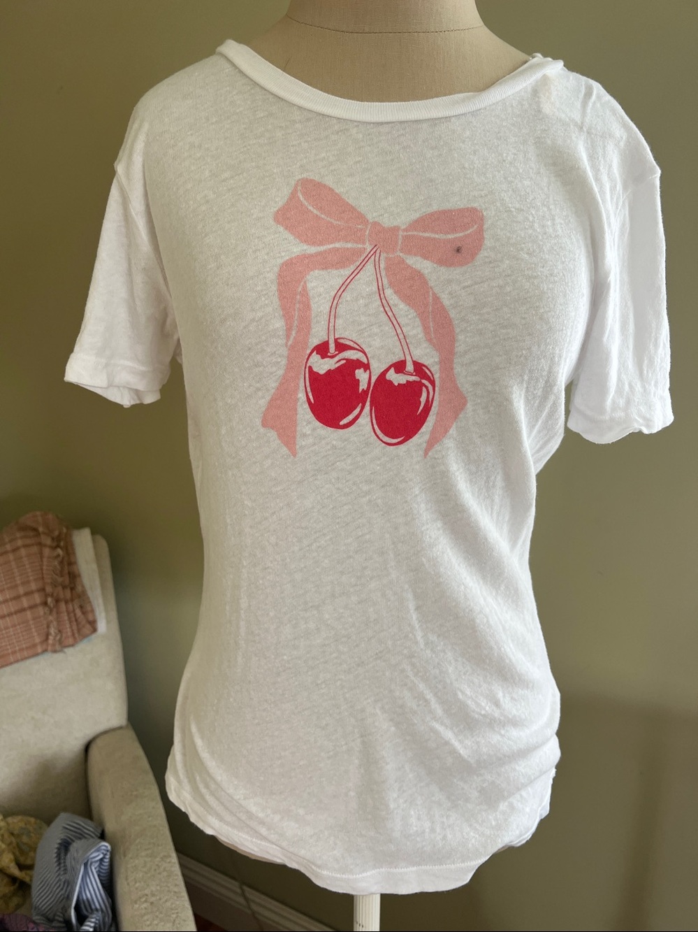 Project Social T White Tee with Pink Bow and Red Cherry Graphic Small
